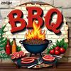 Tin Sign BBQ Burger Flames Meat Grill Outdoor Kitchen Wall Decor Vintage Style   Retro Metal Plaque for Barbecue Party Restauran