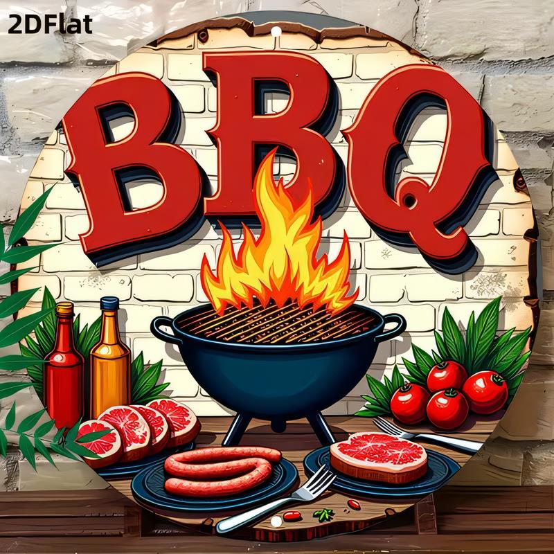 Tin Sign BBQ Burger Flames Meat Grill Outdoor Kitchen Wall Decor Vintage Style Retro Metal Plaque for Barbecue Party Restauran