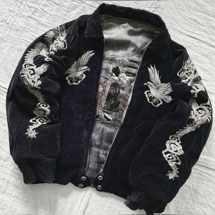 Хип-хоп Япония Харадзюку Стиль Куртка Готический Узор Дракона Бомберы Высокое Качество Вышитая Y2k Молния С Флисовой Подкладкой Пальто
