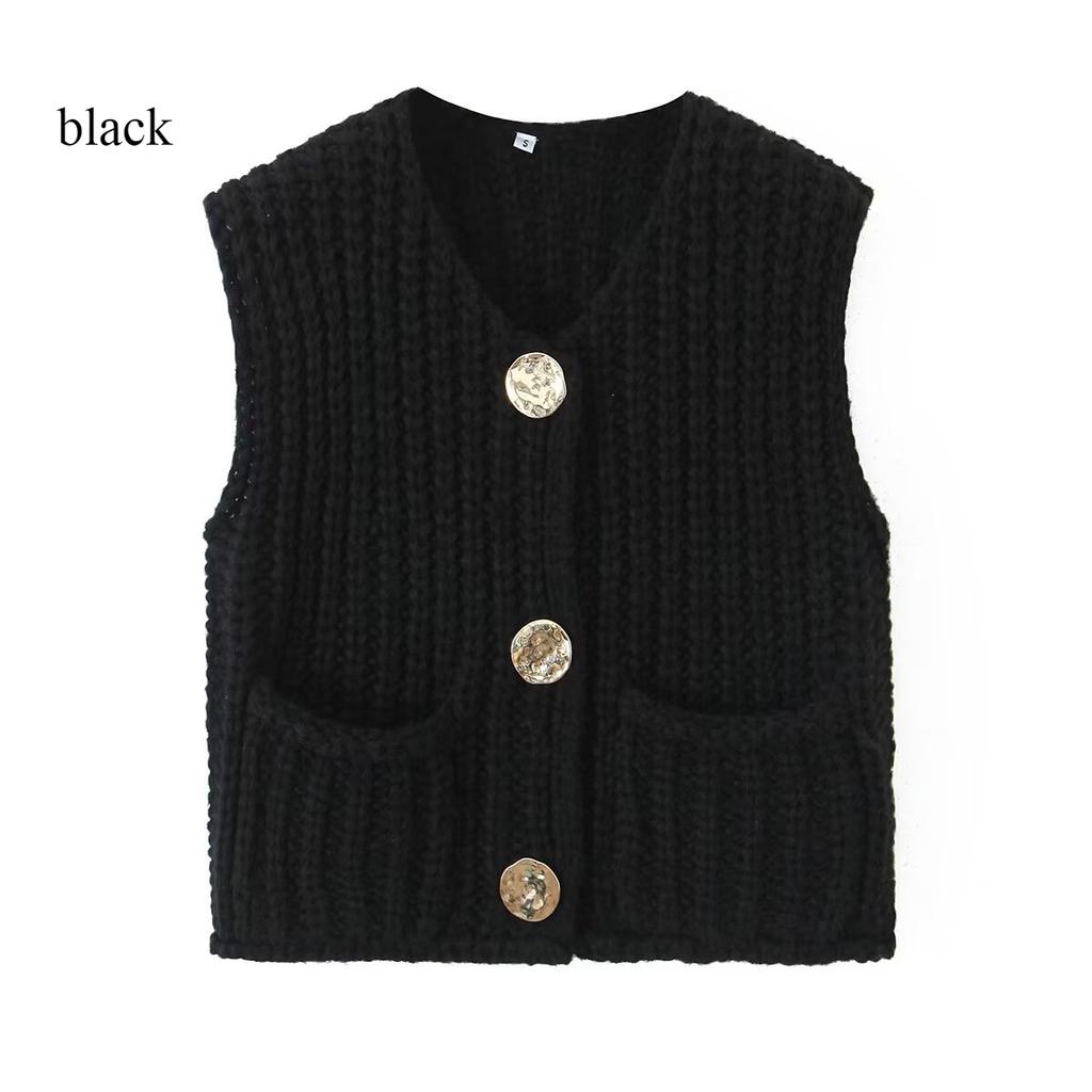 Женский короткий вязаный кардиган без рукавов с однотонным карманом на весну и осень