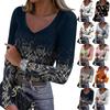 Women's Winter Slim-Fit Base Layer T-Shirt Fashionable Print V-Neck Pullover Long-Sleeved Top