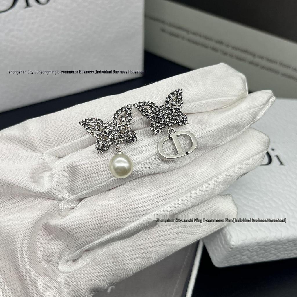 Черно-золотые серьги-гвоздики CD с кисточками, бриллиантами, жемчугом и бабочками - Женская высококлассная мода