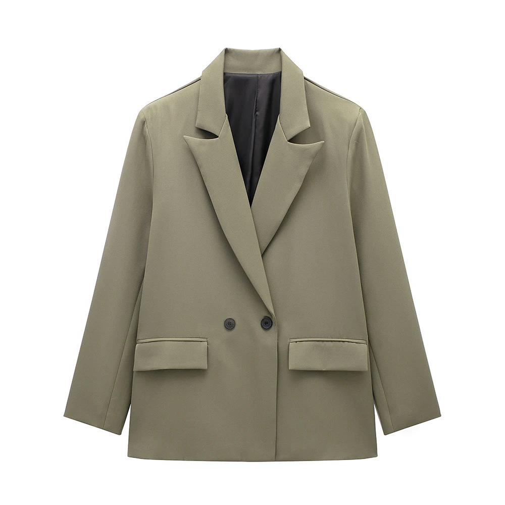 Женская мода с карманами, однотонный двубортный блейзер в винтажном стиле с длинными рукавами и вырезом на шее, женские офисные наряды для леди