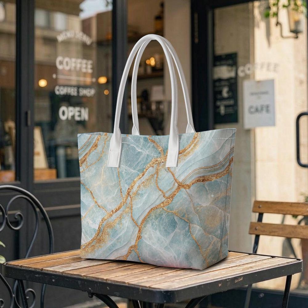 Stylish Light Blue Gold Vein Tote Bag Elegant Casual Daily Shoulder Handbag for Women