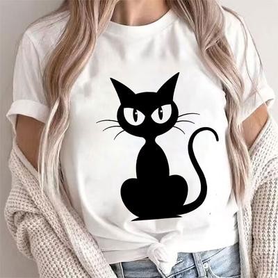 Черная кошка Футболка Рубашка Милый котенок Футболка Котенка Футболка Подарок для любителя кошек Футболки Модная Повседневная Футболки для кошатниц Короткий рукав