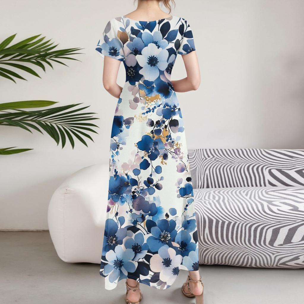 Женские повседневные модные длинные платья с принтом, платья с V-образным вырезом и коротким рукавом