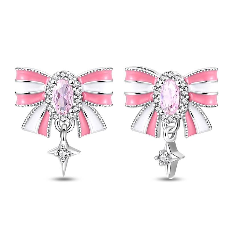 Новые медные серьги-пусеты в виде розовых бантиков с блестками и серьги-кольца с подвесками-паве для девочки, милые романтические украшения в подарок