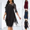 Fashionable Women Chiffon Dress Lace Patchwork 3/4 Sleeve Knee Length Mid Length