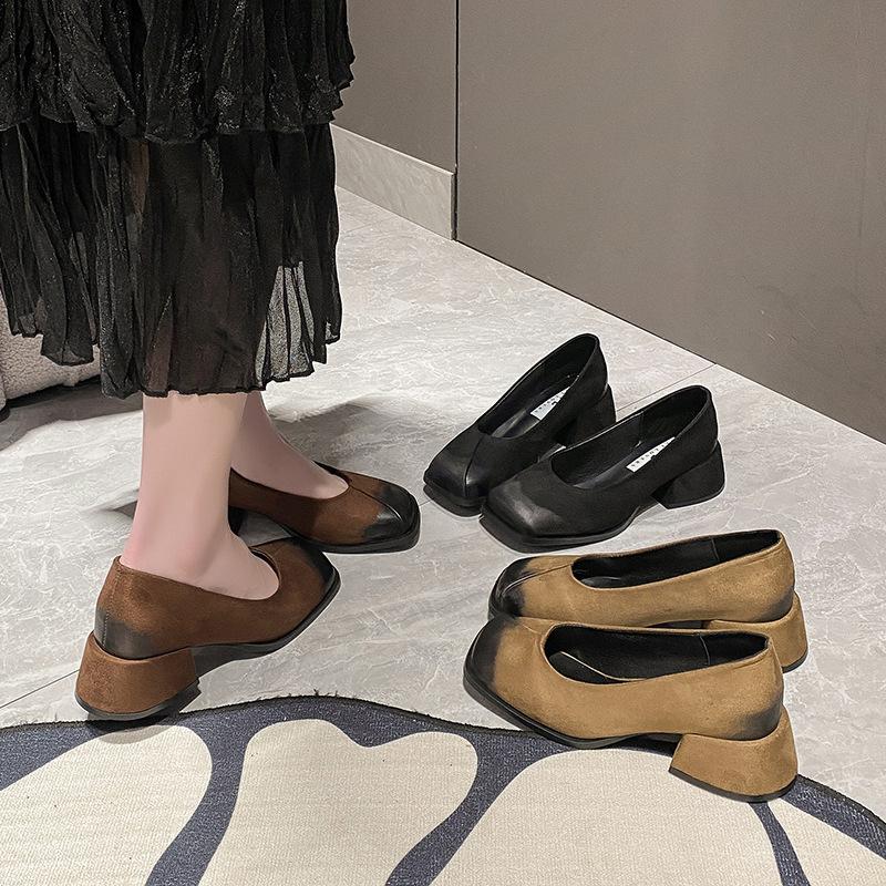 High Heels Women's Spring 2024 New Korean Version Color Matching Thick Heel Fashion Single Shoes Square Head Light Mouth Mary Jane Shoes