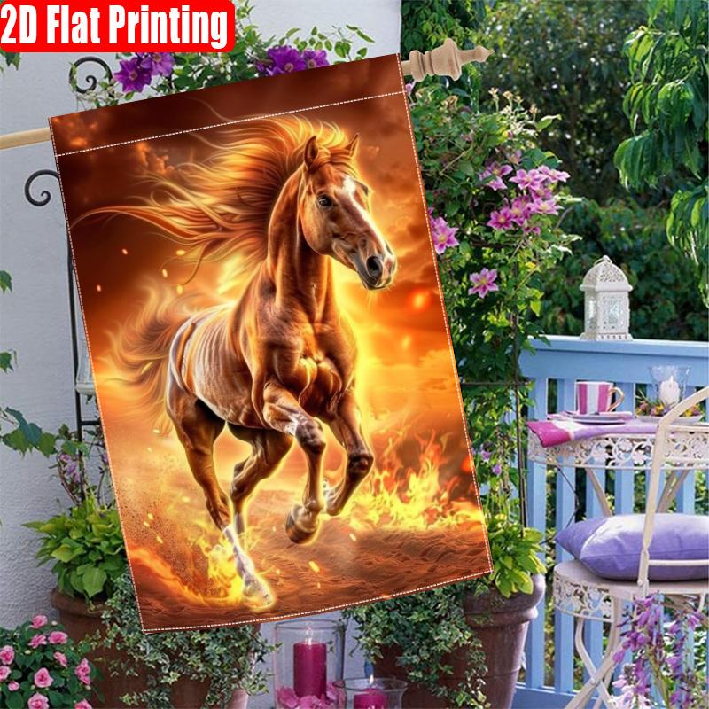 2D Flat, Magic Flame Powered Horse Design (1)-double Sided Garden Flag, Yard Decoration, Outdoor Decoration, Lawn, Flag Only, 2D Flat Printing, 2D Fla