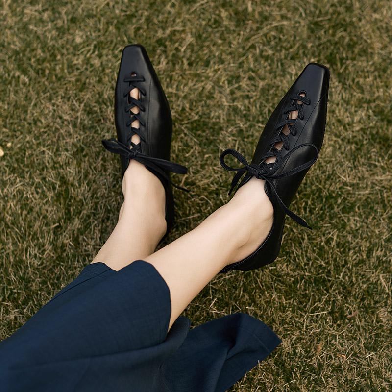 Мода 2025 Горячая Распродажа Модные Туфли-лодочки из Натуральной Кожи на Низком Каблуке на Шнуровке Женские Повседневные Балетки для Ежедневной Ходьбы Молодежные Повседневные Весенне-Осенние Черные Туфли