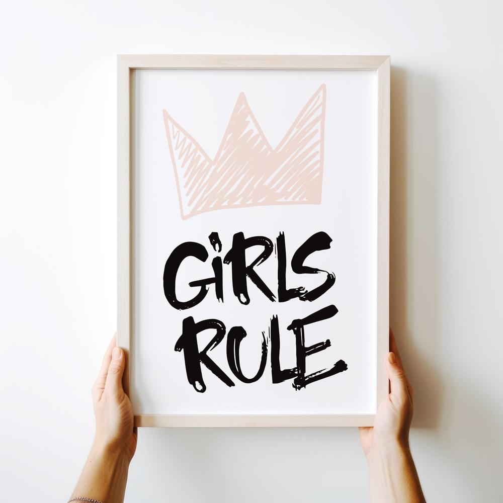 Plakat z napisem girls rule różowa korona