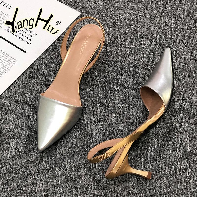 Темпераментные серебристые туфли с острым носком для вечеринок, изящные туфли на высоком каблуке 2024 года, новые модные современные сандалии из искусственной кожи, лето