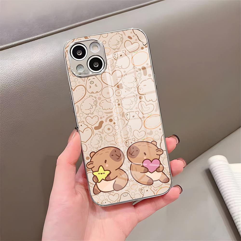 Cute Capybaras Phone Case For IPhone 17 Pro Max 15 Pro 16 14 Plus 12 13 Mini 11 Pro Shockproof Electroplated Glass Cover