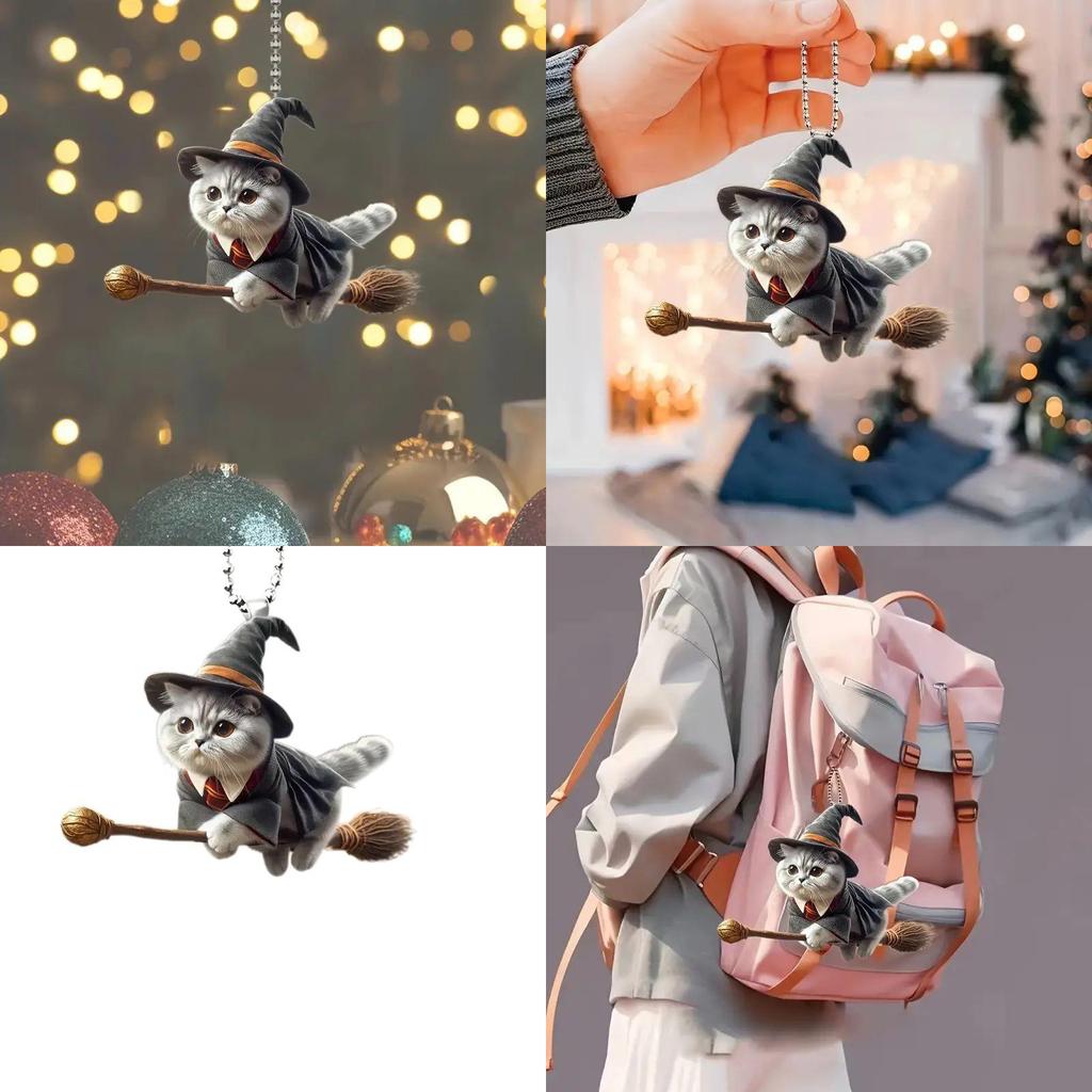 Minimalist Acrylic Flat Surface Car Charm With Magical Cat Riding Broom Design For Auto Interior Decoration