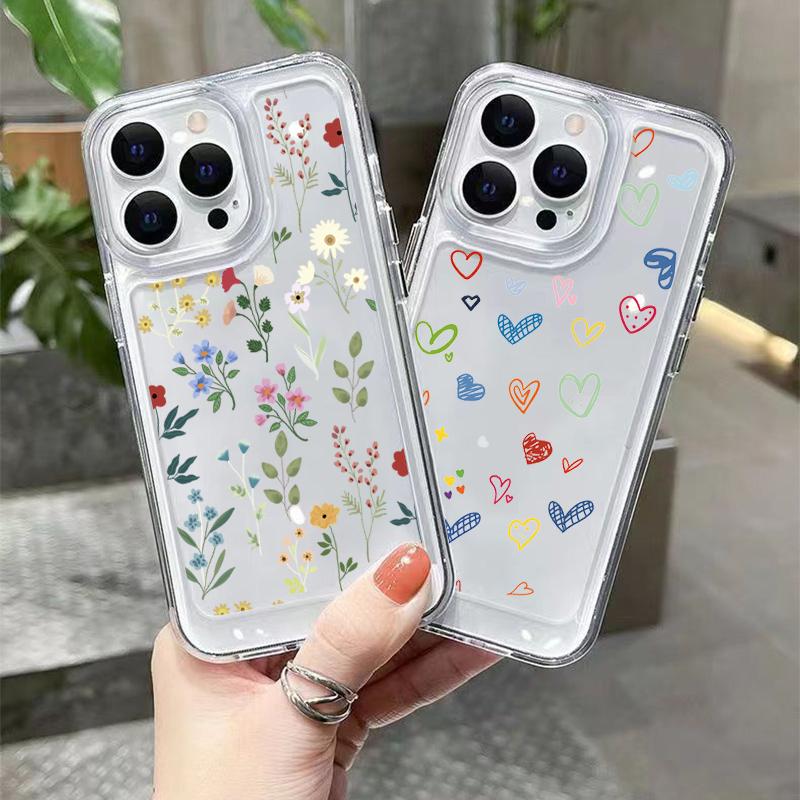 Flower Love Cute Heart Cloud Pattern Soft Silicone Phone Case For iPhone 15 14 13 12 11 Pro Max Clear Transparent Shockproof Bumper Back Cover