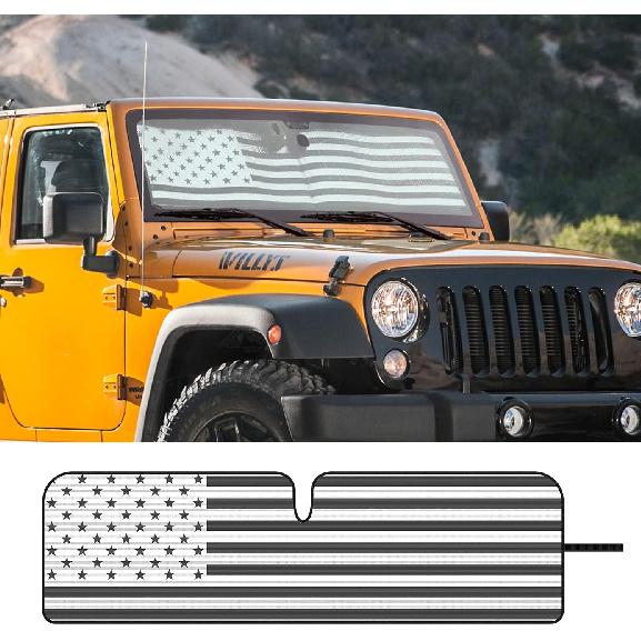 Jimen Compatible with 1997-2018 Jeep Wrangler TJ JK JKU, American USA Flag Auto Windshield Sunshade Window Sun Visor