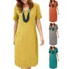 Женское платье с круглым вырезом, сплошной цвет, длиной до колена, свободные, с короткими рукавами, боковые карманы, трапециевидной формы