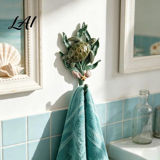Coastal Bathroom Accessories 2Pcs Ocean Themed Sea Turtle Wall Hook Decorative Resin Hanger for Entryway Porch Coat Bedroom Entryway Style Organizer