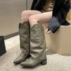 Retro Small Square Head Western Cowboy Boots Women's Brown Rivet Trouser Sleeve Thick Heel Long Sleeve Shoe Knee-High Botas
