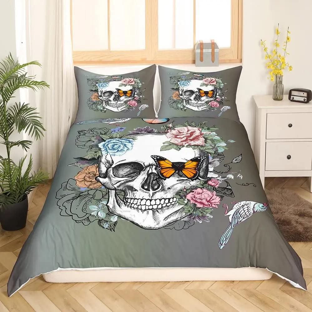 Комплект постельного белья с изображением скелета и готического сахарного черепа, пододеяльник с изображением роз, романтических цветов, пододеяльник из полиэстера