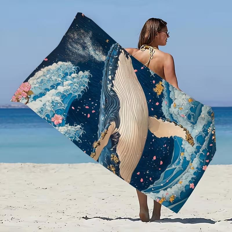 Dreamy Wave Whale Art Beach Towel Blue Ocean Floral Quick Dry Soft Towel for Swimming Pool Beach Travel