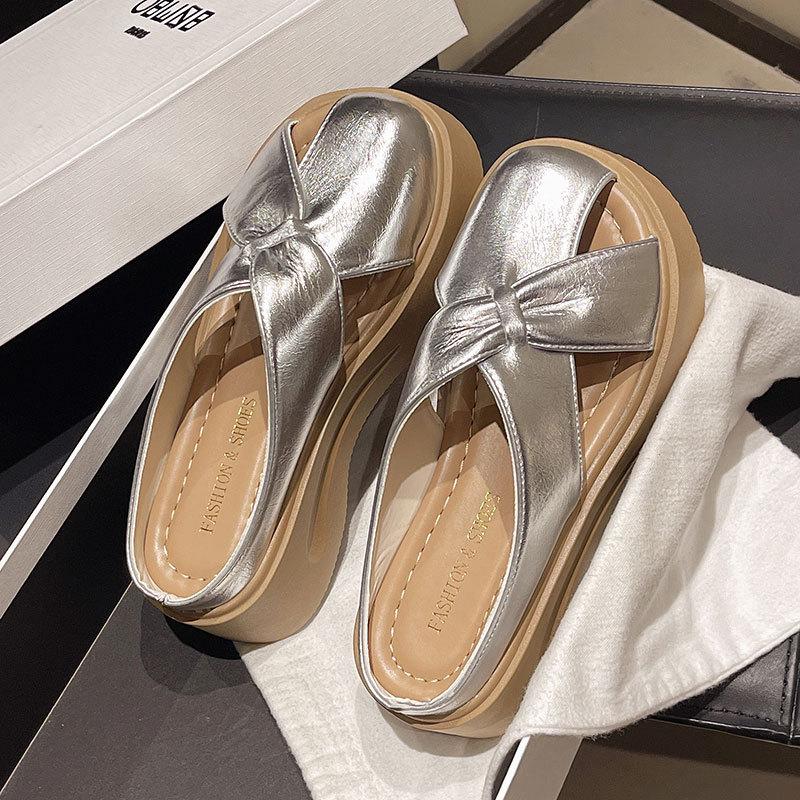 Полые и дышащие серебристые шлепанцы с толстой подошвой, женская юбка, шлепанцы на одном педале, ленивые и крутые, женские летние