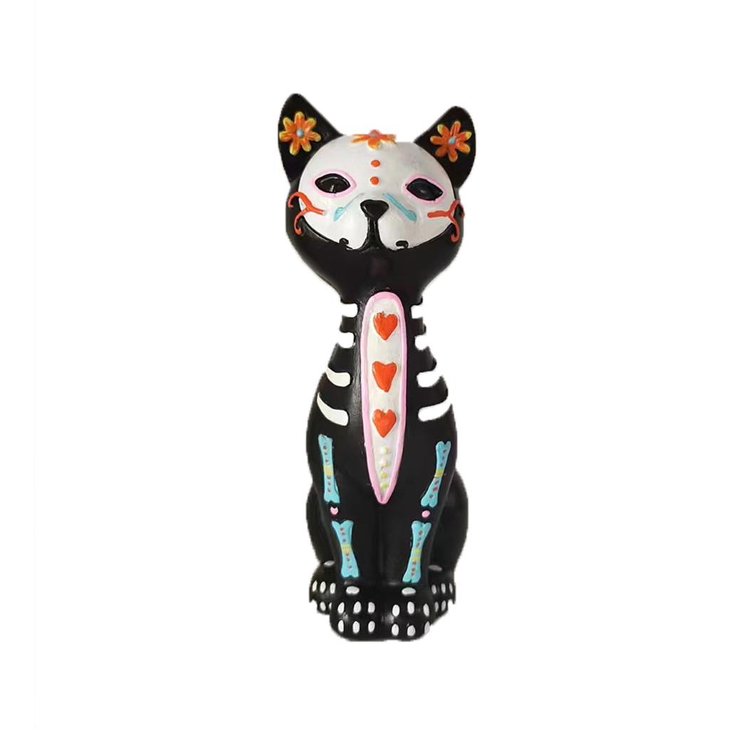 Set of 3 Hand-Painted Day of The Dead Sugar Skull Figurines with Marigold Flowers and Skeleton Cat Statues for Halloween Decor
