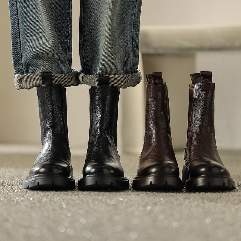 Krazing Pot Осенне-зимняя обувь из коровьей кожи с круглым носком на платформе, большие размеры, базовая одежда, ботинки челси без шнуровки на толстом среднем каблуке, женские ботильоны