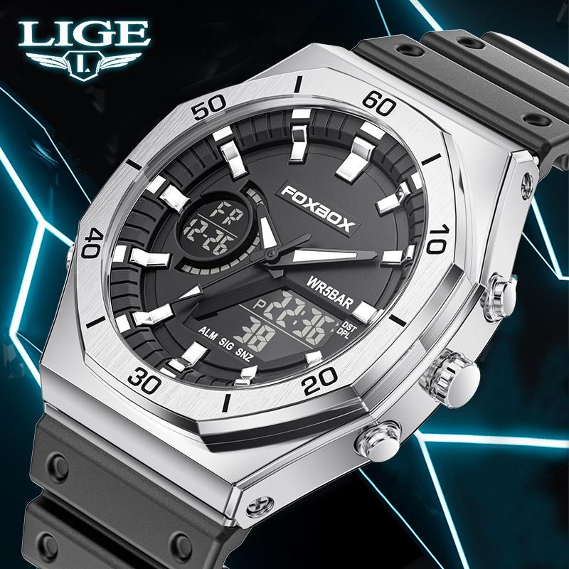 LIGE Военные часы Casio Двойной дисплей Цифровые Спортивные Кварцевые часы Для мужчин Модные Светящиеся Водонепроницаемые Хронограф Мужские часы