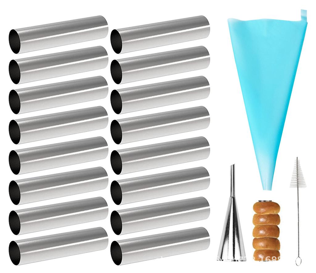 16 Pack Cannoli Tubes Stainless Steel Cannoli Tubes Baking Molds with Piping Bags Long Piping Tips for Cream Horns Cannoli Shell