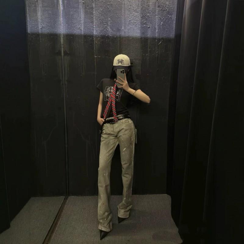 ERD Street Style Relaxed Slim Flared Jeans Washed Distressed Paint Splatter Denim Pants Men