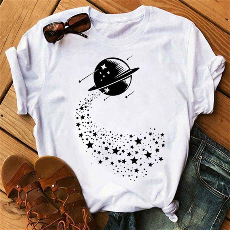 Maycaur Woman Star Moon Print Harajuku Летние футболки Повседневная футболка с круглым вырезом и коротким рукавом Женская черная футболка Прямая поставка
