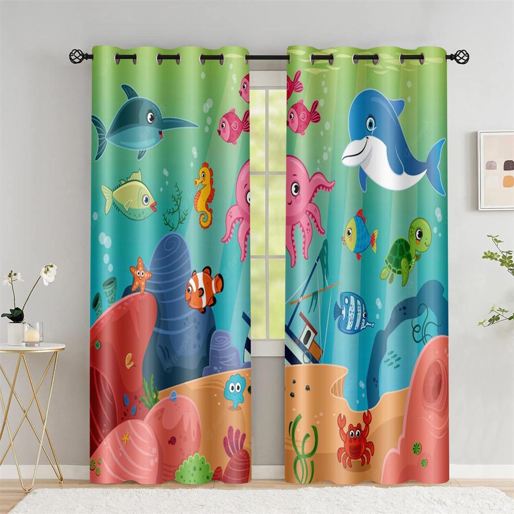 Children's Favorite Underwater World Animal Mermaid Shade Curtain Living Room Bedroom Baby Room Decor Cortina 2 Panels
