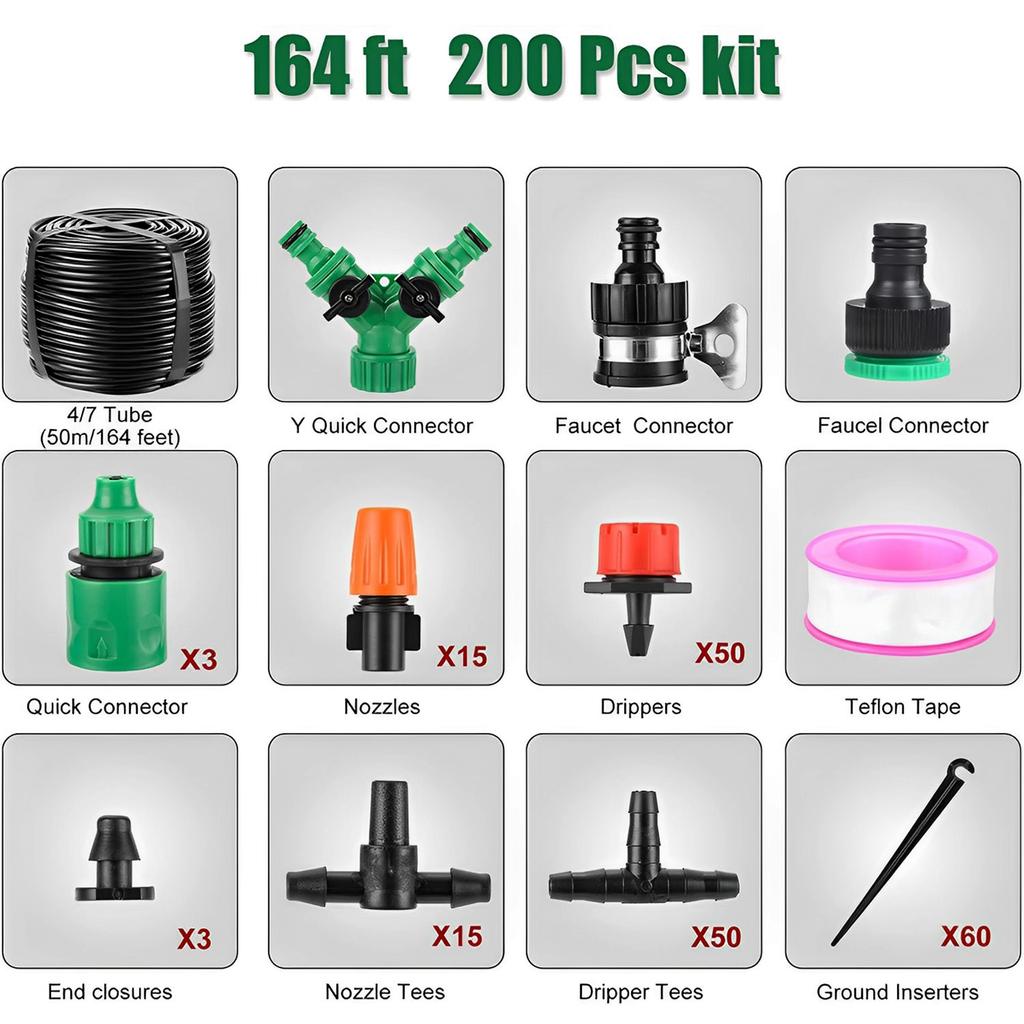 201PCS Garden Drip Irrigation Automatic Watering System Kit Adjustable 164ft Water Pipe for Garden Patio Lawn Farmland