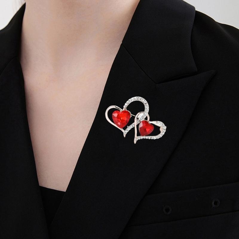 Trendy Rhinestones Double Heart Brooches for Women and Men Valentines Day Party Accessories Gifts Daily Casual Wear