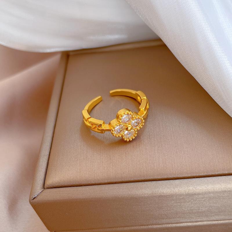 Real Gold Electroplated Open Ring, Women'S Lucky Grass Fashion Ring, Index Finger Ring, The Same Style, Simple And Cold Style