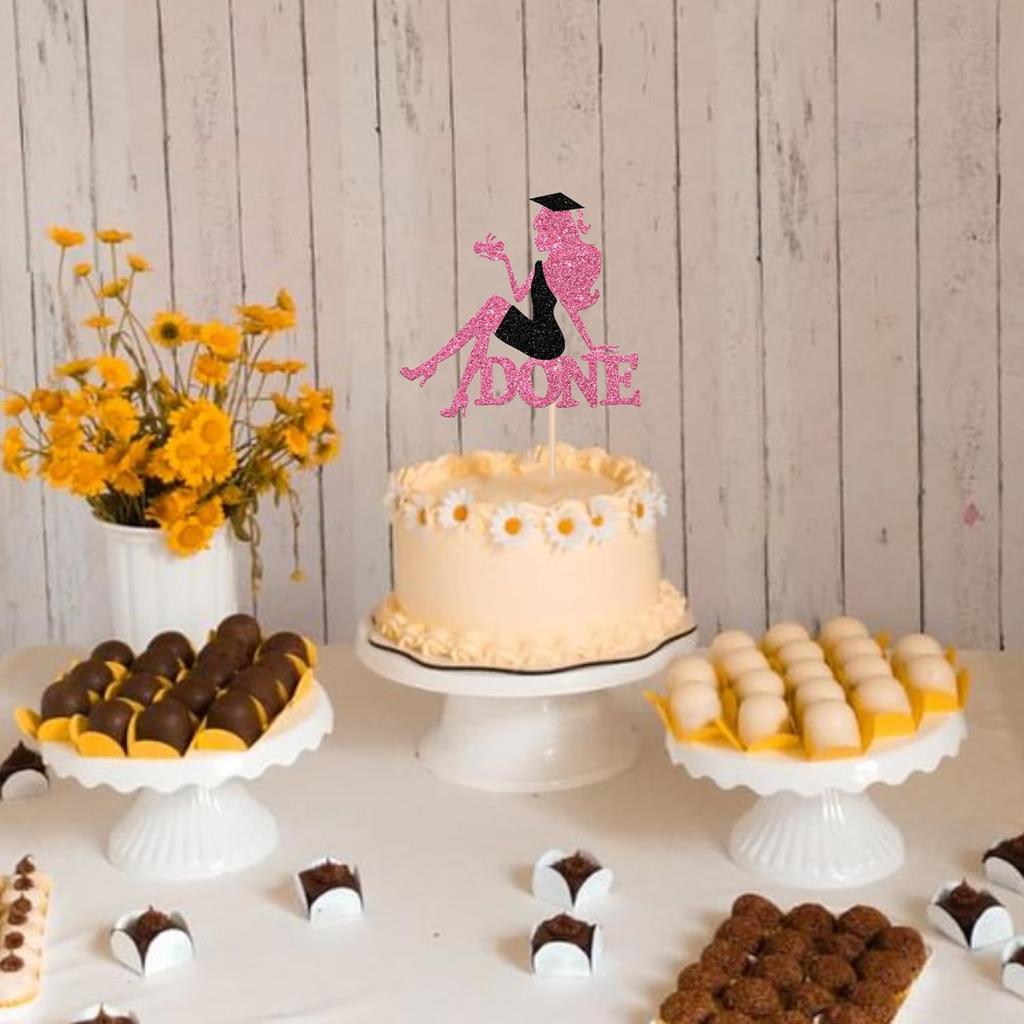 1 PCS High Heel Girl Graduation Cake Topper Black Pink Glitter Done Diploma Class of 2025 Congrats Grad Cap Cake Pick for 2025 Senior High School
