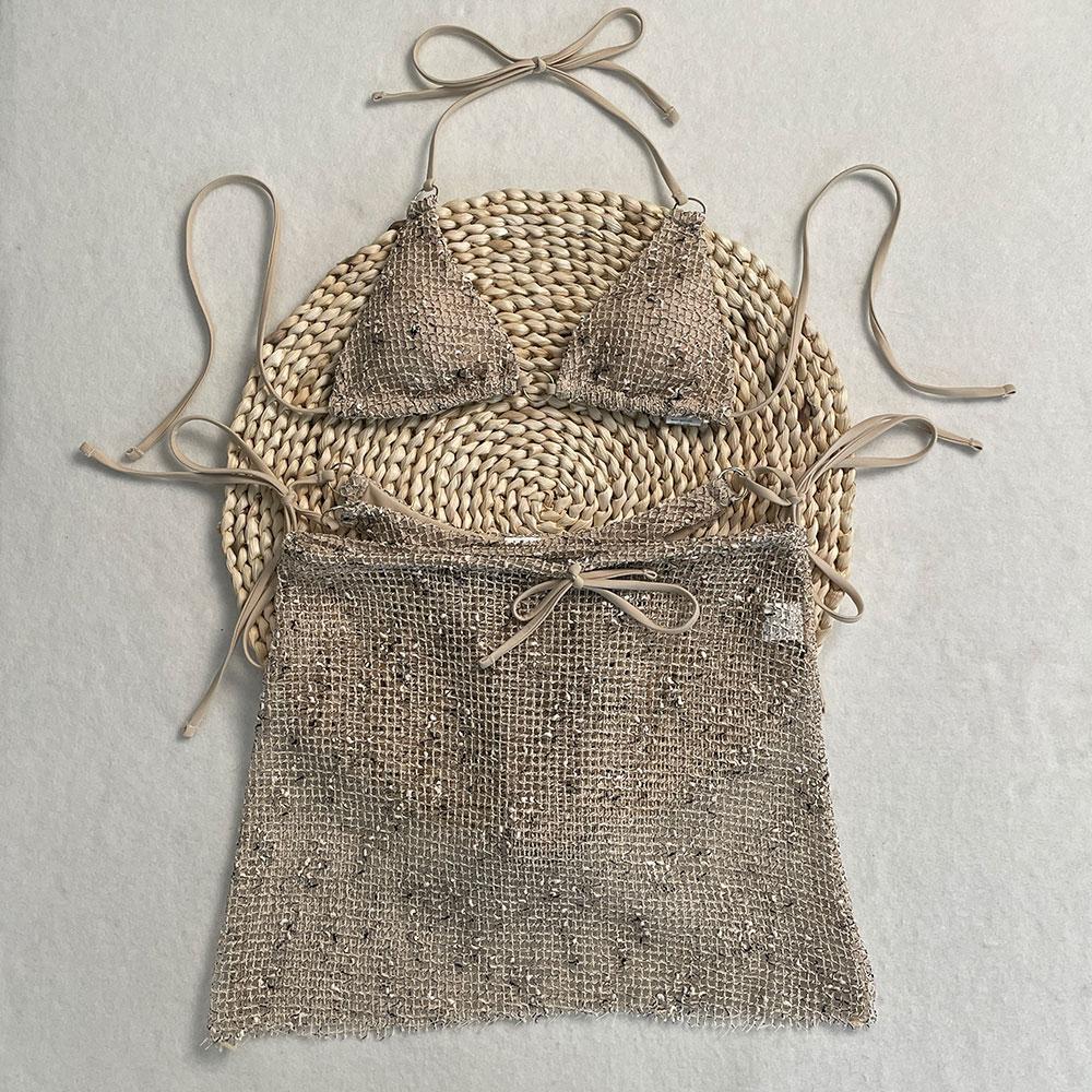Блестящий купальник с юбкой-накидкой 2026 Женский комплект из 3 предметов Бикини Регулируемый купальный костюм Летний Отдых Пляжная одежда