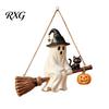 Festive Porch Accents Solar Ghost Hanging Light, Halloween Resin Flying on Broom Ornament, Waterproof Outdoor Light Holiday Party Props Up Lamp, Auto