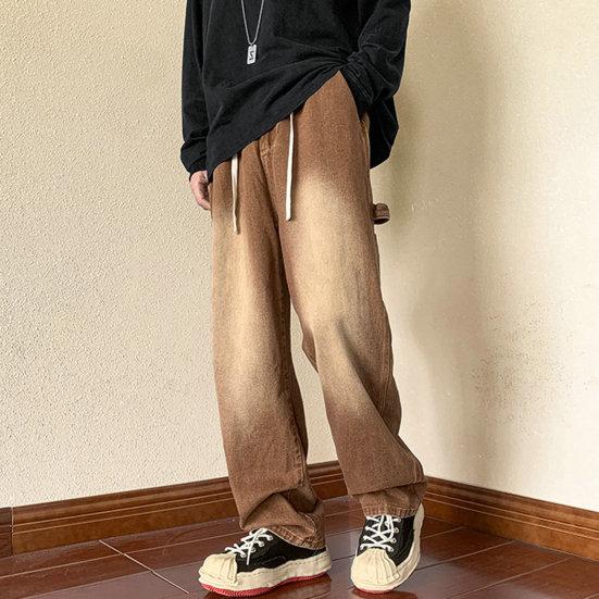 Мужские летние джинсовые брюки со средней посадкой и эластичной резинкой на талии, джинсы-карго с несколькими карманами, прямые широкие брюки High Street