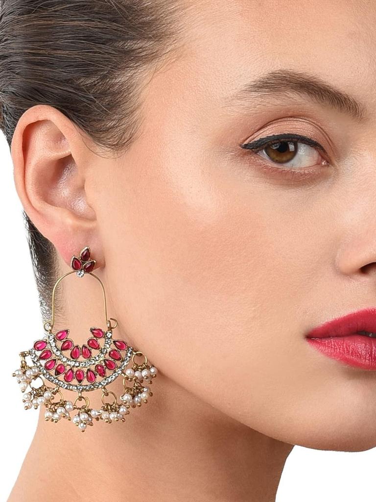 Pink Kundan Austrian Diamonds & Beads Dangle Ethnic Earrings For Women