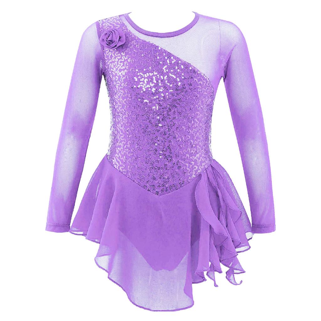 Girls Long Sleeve Mesh Patchwork Style Irregular Sequins Decor Dress Skating Dance Gymnastic Dress