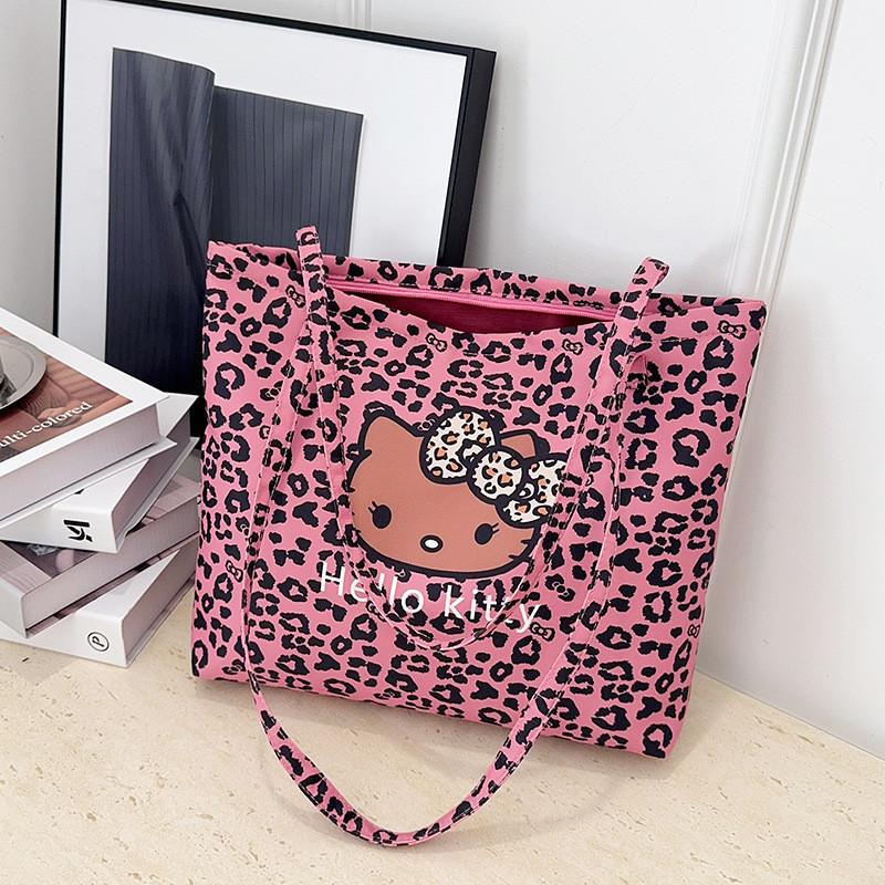 Канвасовая сумка через плечо для девочек Hello Kitty с леопардовым принтом, из дышащей легкой ткани, для школы и повседневного использования