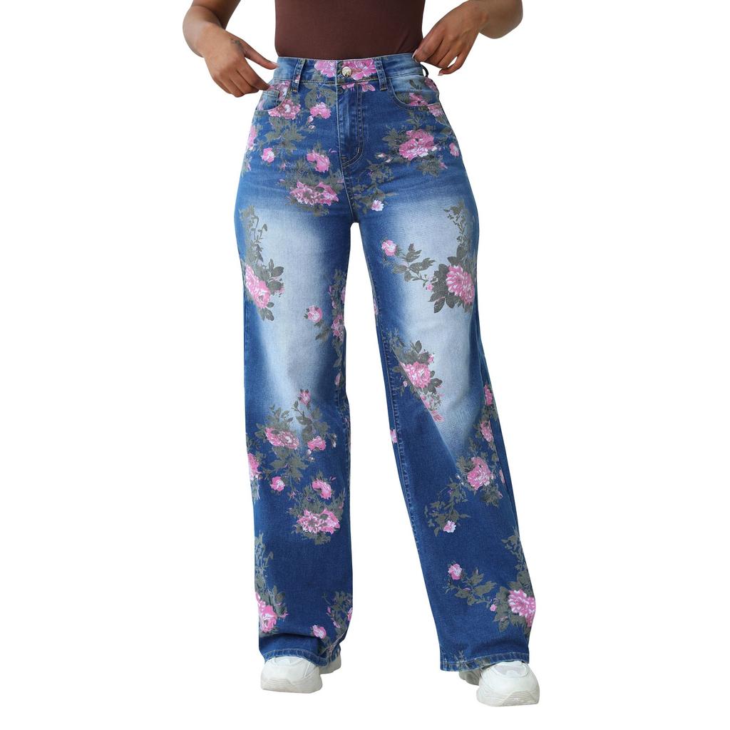 Синие цветочные карманы больших размеров, широкие брюки для женщин, джинсы
