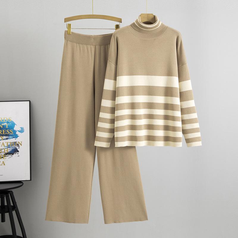 Плюс размер женский весенний новый водолазка свободный повседневный модный полосатый трикотажный костюм из двух частей