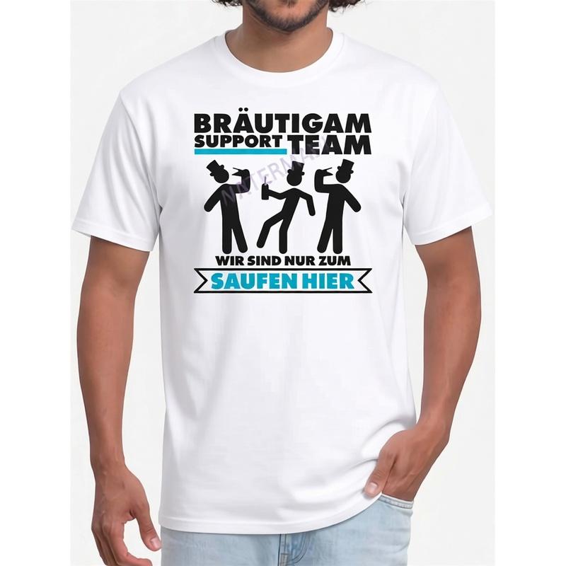 Men'S Bachelor Party Groom Support Team Graphic T-Shirt | Humorous German Text & Dancing Figures Design, Black Short Sleeve Casual Tee, Machine