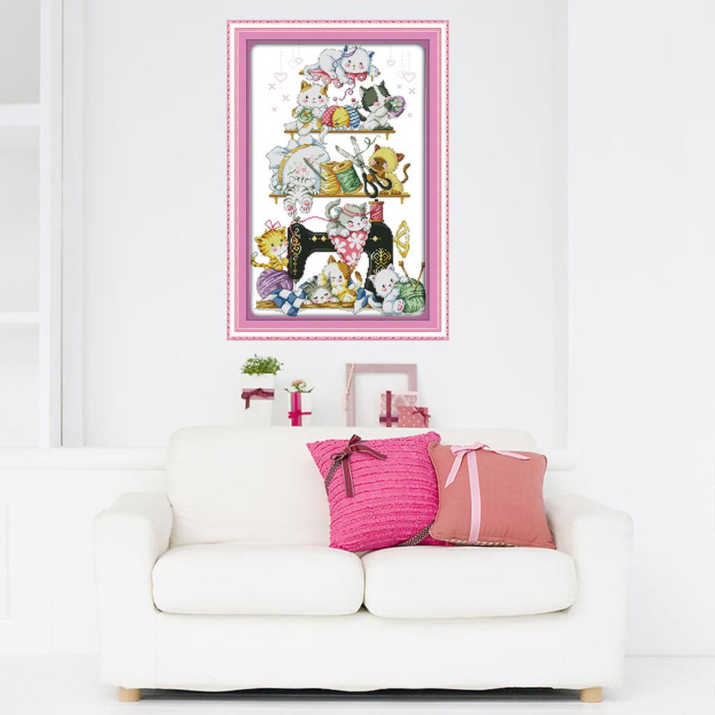 Funny Cats On Sewing Machine Cross Stitch Kit for Kids Adults 45 X 66cm 11CT