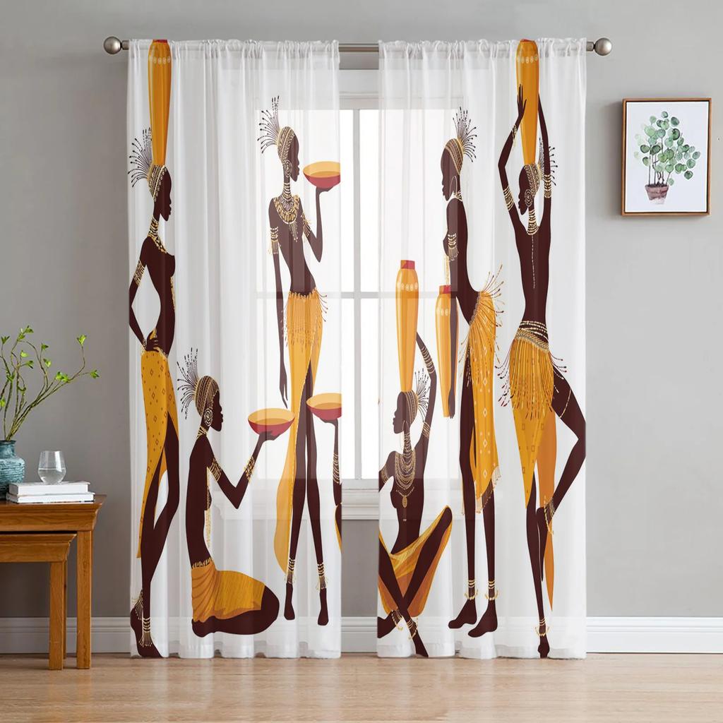 Sunset African Woman Child Tree Silhouettes Tulle Sheer Curtains for Living Room Bedroom Window Curtain Voile Organza Drapes