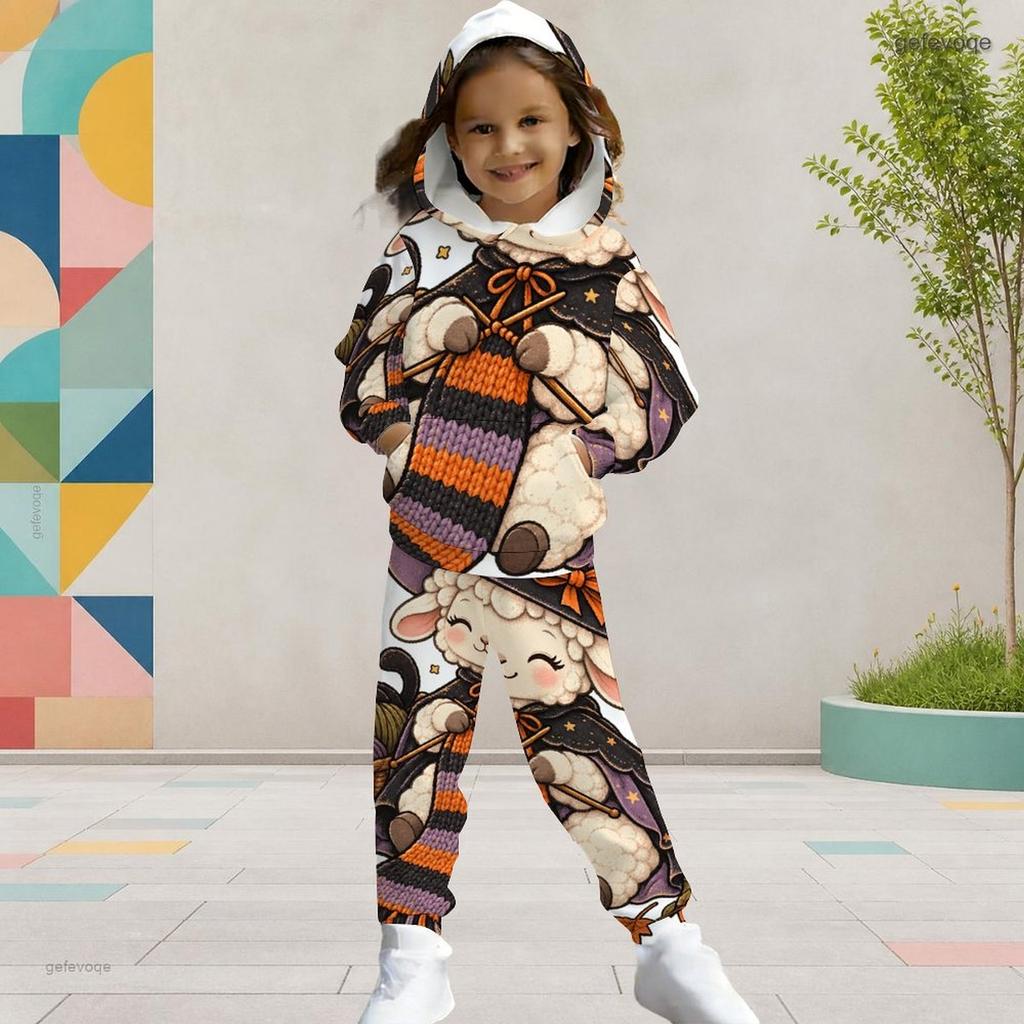 Girls Cute Lamb Printed Hooded Long Sleeve Two Piece Set Kangaroo Pocket Cuffed Pants Outfit